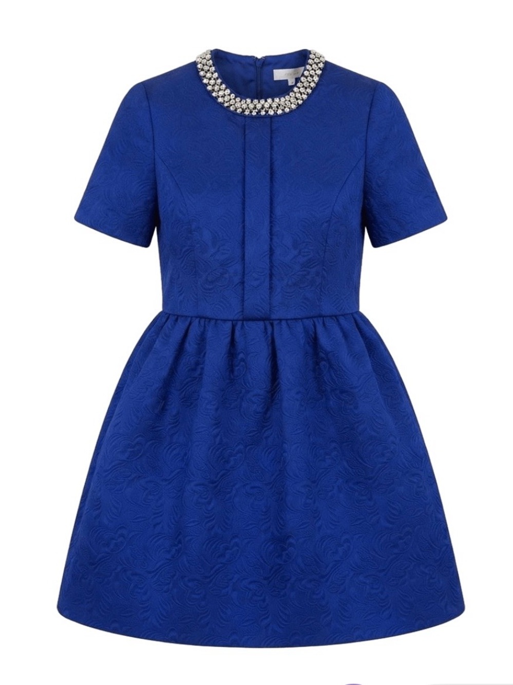 Miu Miu Cobalt Blue Short-Sleeve Dress with Jeweled Collar